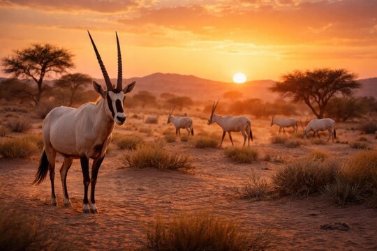 Wildlife scene featuring Arabian oryx antelope wandering freely in protected reserve with sunset glow