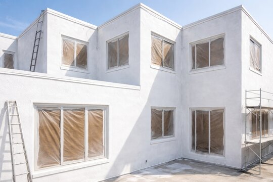 Surface of building covered in white primer ready for painting finish