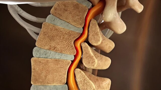 3D animation of treating compressed spinal nerves and restoring a herniated lumbar disc to a healthy, pain-free state.