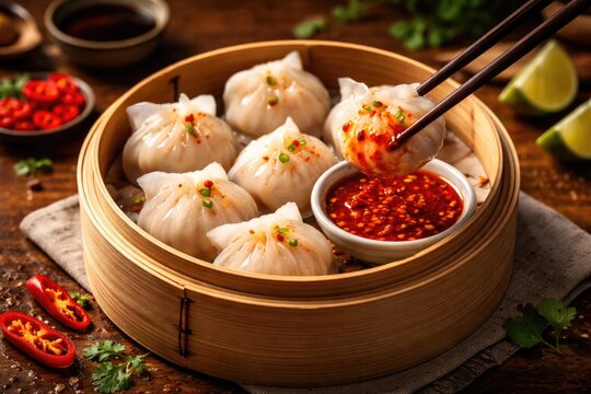 Appetizing Hakau Udang with chili sauce presented on rich wooden tabletop