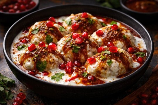 Popular Indian Dahi Bhalla dish complemented by tamarind sauce and sprinkled with pomegranate seeds in a black bowl
