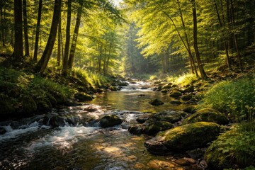 Obraz premium Sunny forest setting with lush trees and a gently moving water creek