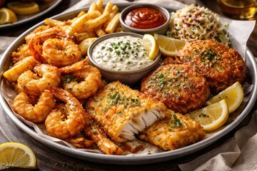 Fototapeta premium Savory Seafood Platter with Battered Shrimp, Golden Crab Cakes, Cod Fillet and Creamy Dip