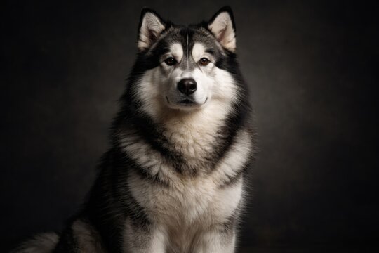 Studio captured image of an attentive Alaskan Malamute dog with black and white fur sitting and staring forward