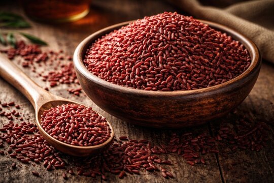 Natural dried red yeast rice displayed in bowl accompanied by spoon
