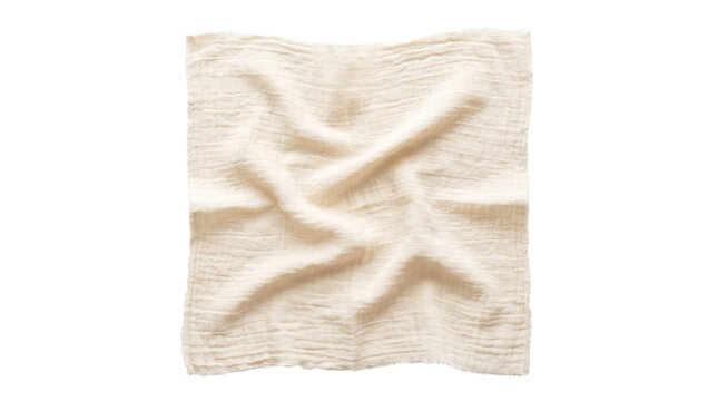Wrinkled square cream muslin gauze cloth with raw frayed edges on a transparent background