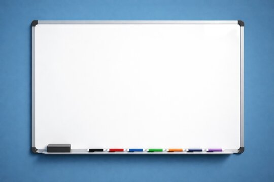 Whiteboard with empty surface and assorted markers mounted on a solid blue background designed for note taking and creative ideas