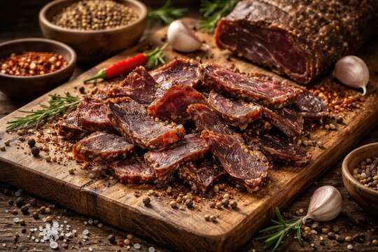 Sliced biltong displayed with an assortment of flavorful spices on a natural wooden cutting board