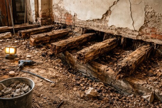 Building restoration unmasking foundation damage and rotting timber joists alongside plaster wall cracks
