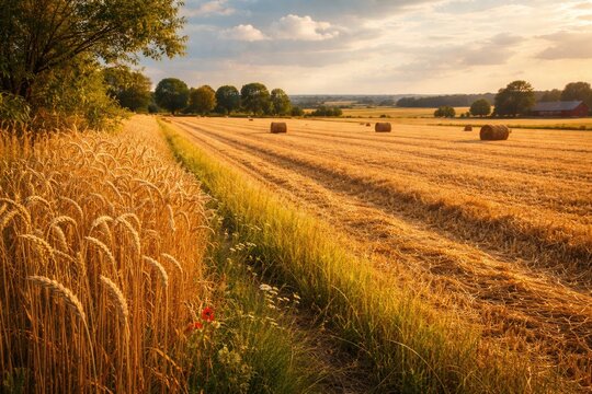 Radiant rural field margin outlining a freshly threshed wheat farmland