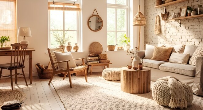 Cozy Bohemian Living Room with Natural Light and Rattan Accents
