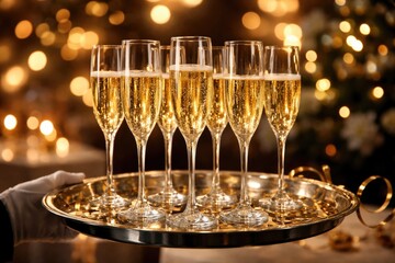 Naklejka premium Stylish tray with shining champagne glasses prepared for a happy celebration toast