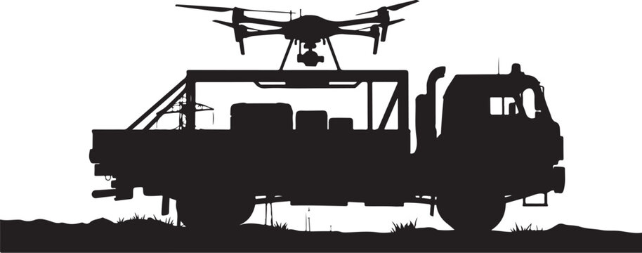 Drone, truck, silhouette, vector icon, drone on truck, aerial vehicle, transportation