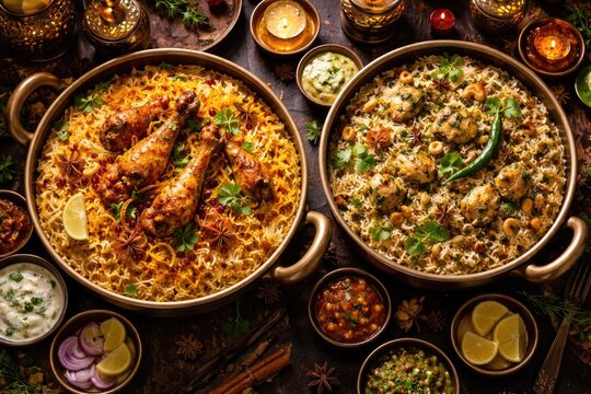 Birds eye view of aromatic Indian dum biryani and herb infused chicken pulao for special holiday feast