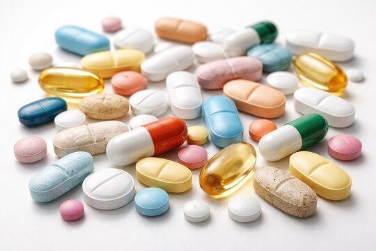 Diverse medication tablets spread on a plain white background