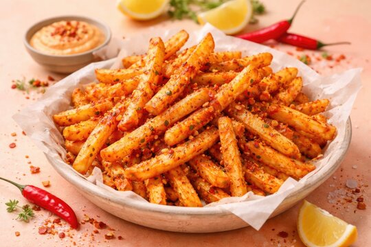 Perfectly seasoned peri peri spiced fries with subtle sweetness on pastel color backdrop