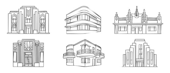 Obraz premium Art Deco Buildings Set Vector Illustration of Architectural Landmarks, Linear Outline Style for Historic City Construction, Retro Exterior Design Elements for Urban Planning and Vintage Style Projects