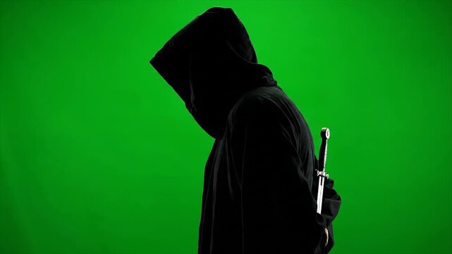 Figure dressed as a ninja with a sword against a green background