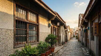 Fototapeta premium Traditional wooden houses and stone-paved narrow alleyway illuminated by warm afternoon sunlight evoking nostalgic heritage and quiet urban life concept.