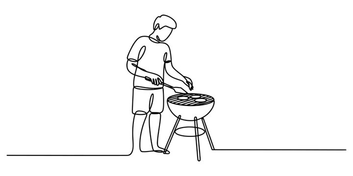 Man cooking food on a barbecue grill continuous line drawing