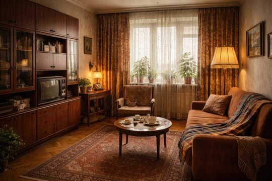 Vintage furnishings highlight typical Soviet apartment living room with retro design copy space