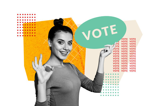 Collage poster image of happy smiling woman use vote hold bulletin okey sign isolated on drawing background