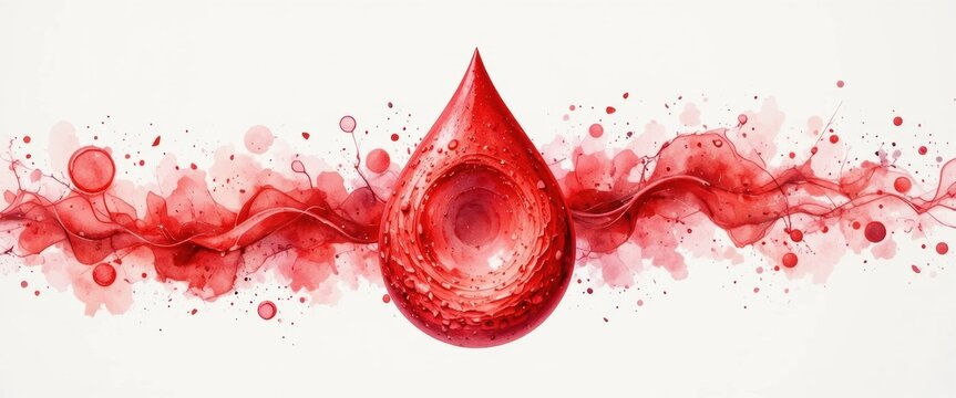 Vibrant red watercolor blood drop dissolving into a flowing splash. A powerful symbol for blood donation, leukemia awareness, and life-saving medical care.
