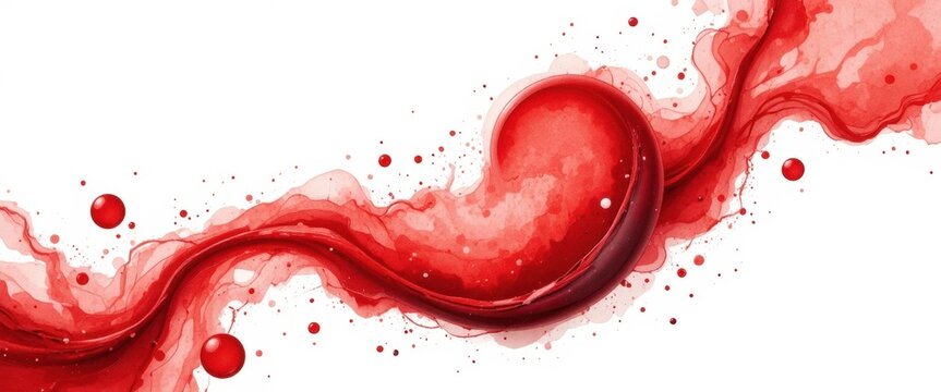 Vibrant red watercolor blood drop dissolving into a flowing splash. A powerful symbol for blood donation, leukemia awareness, and life-saving medical care.