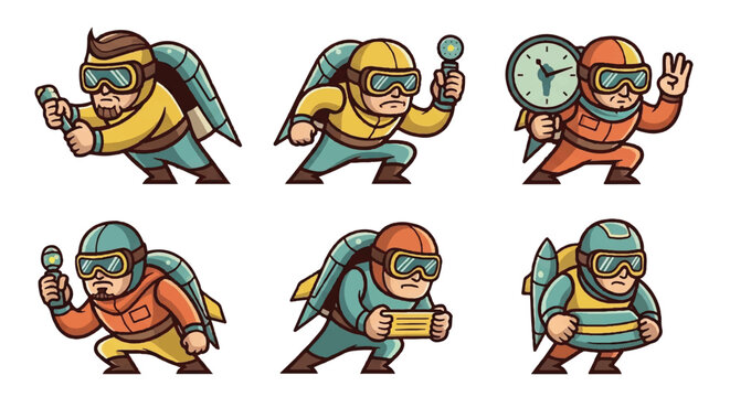 Cartoon jetpack pilots with goggles and various items