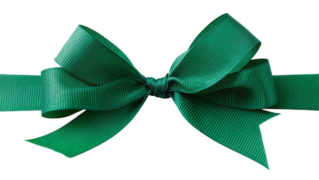 Green grosgrain ribbon bow tied with a knot, isolated on transparent background