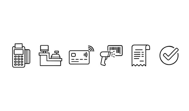 Retail point of sale icon set with credit card terminal cash register contactless payment barcode scanner paper receipt and checkmark