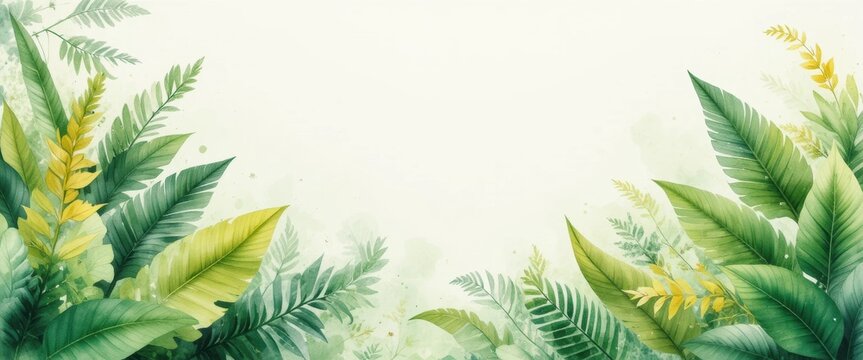 Vibrant watercolor illustration of exotic tropical leaves in lush green, gold, and peach. This elegant botanical border features organic textures and ample central copy space for summer designs.