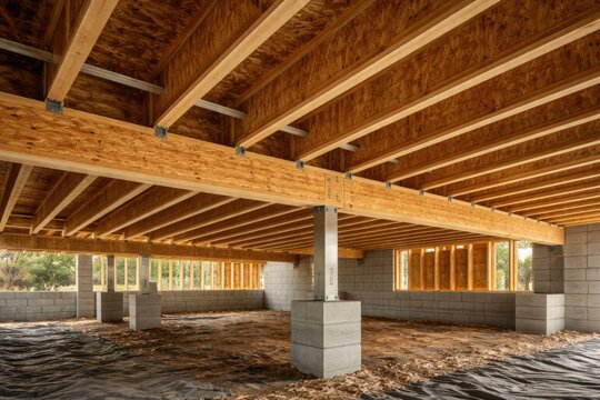 Structural framework with engineered wood joists over crawl space in project