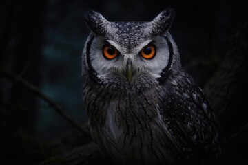 Fototapeta premium White faced owl with intense eyes shown on a dark low light backdrop