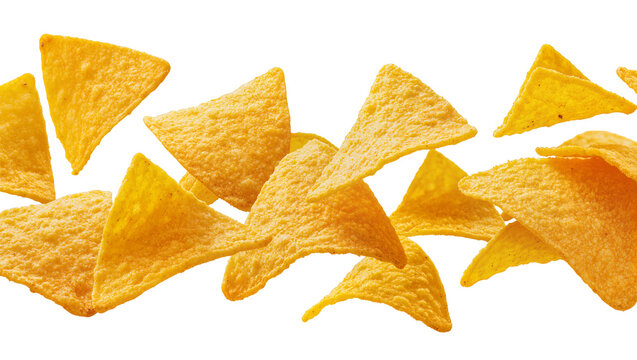 Crispy golden corn tortilla chips scattered, isolated on transparent background