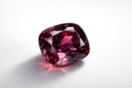 Close up shot of a polished spinel mineral on a matte white background featuring copy space