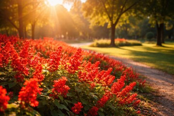 Obraz premium Bright sunlight casting glow on vibrant red blossoms with peaceful park copy space