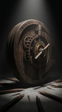 Digital vault cyber security concept with a rustic wooden safe door and gears in a dark setting 3D render