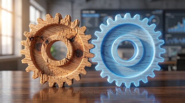 Business continuity planning concept with two interlocking gears, one wooden and one blue, on a desk in a modern office