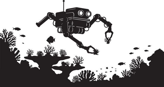 Underwater robot, robotic submersible, black silhouette, ocean floor, marine exploration