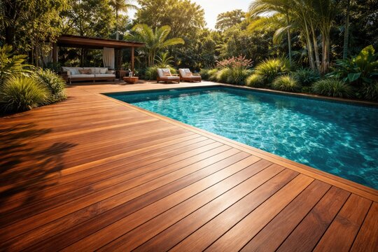 Stylish sunlit outdoor deck around swimming pool made of Ipe wood with copy space