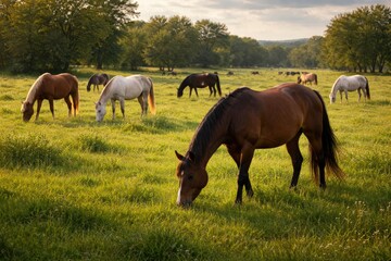 Obraz premium Relaxed horses eating in a lush expansive grass pasture