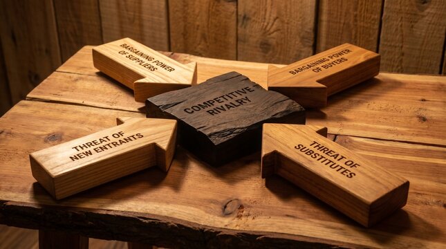 Porter's Five Forces concept represented by wooden arrow blocks and a stone block on a rustic table for business strategy analysis