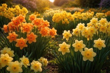 Obraz premium Spring garden alive with radiant orange and yellow daffodil flower clusters