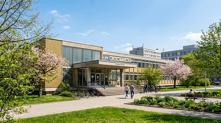 Fototapeta premium Modern Campus Canteen Building Surrounded by Spring Trees in Sunny Courtyard