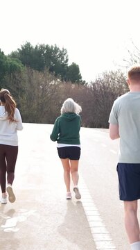 Rear view of three athletic friends jogging on a paved path. A diverse group of people exercising together outdoors on a sunny day