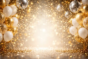 Naklejka premium Stylish celebration scene with white and gold balloons, luminous disco balls, and a confetti backdrop including spacious copy space for web banner use