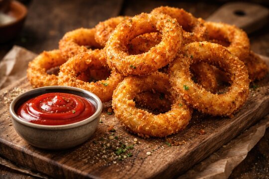 Close view of crunchy deep-fried onion rings with tomato ketchup on wooden serving board