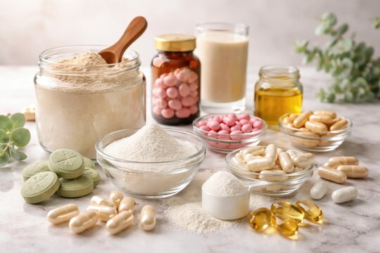 Vitamins and supplements for health promotion and beauty enhancement containing collagen, protein, and biotin in powder and pill formats with copy space