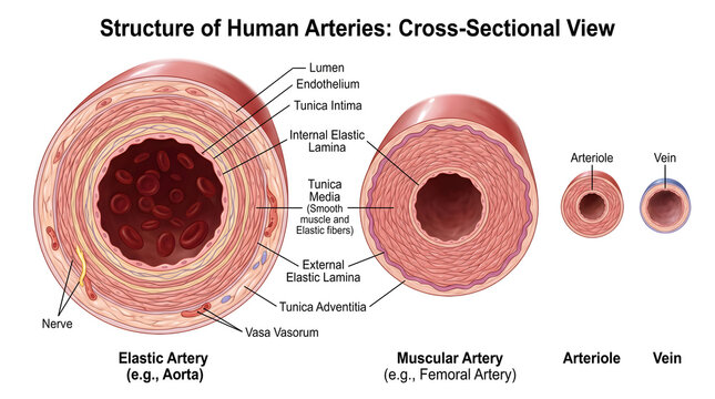 Structure of human arteries cross‑sectional illustration comparing elastic and muscular arteries with smaller arteriole and vein profiles, labeling tunica layers, elastic laminae, vasa vasorum and end
